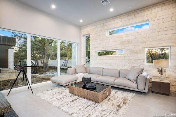 Interior, Living room, Recessed Lighting, Stone Walls