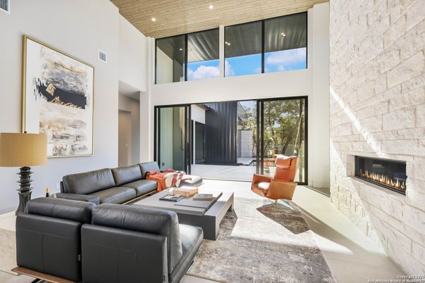 Fireplace, Interior, Living room, Recessed Lighting, Stone Walls