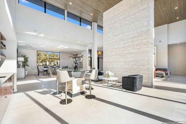 Dining room, Interior, Recessed Lighting, Stone Walls, Wooden Ceilings