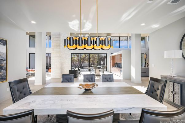 Dining room, Fireplace, Interior, Pendant Lights, Recessed Lighting, Stone Walls