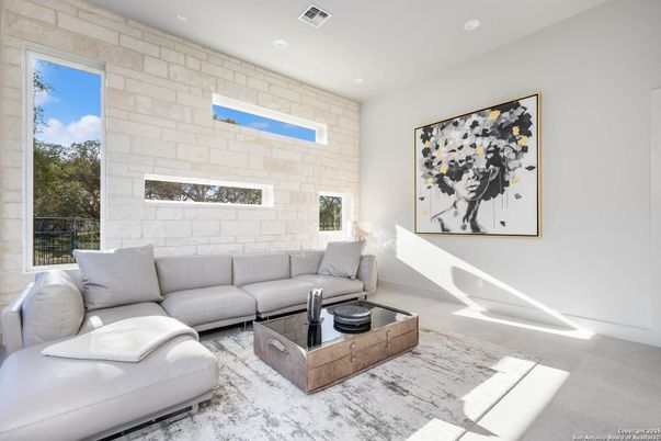 Interior, Living room, Recessed Lighting, Stone Walls
