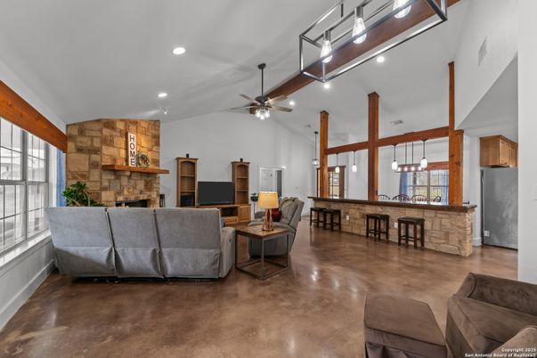 Fireplace, Interior, Living room, Pendant Lights, Recessed Lighting, Stone Walls