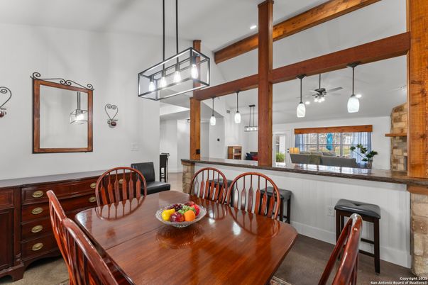 Dining room, Interior, Pendant Lights, Recessed Lighting, Wooden Beams