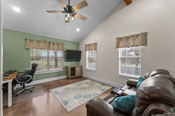 Home Office, Interior, Recessed Lighting, Wooden Beams, Wood Texture Flooring