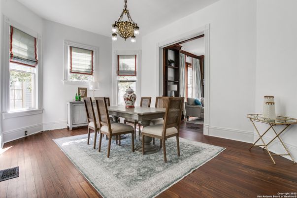 Dining room, Interior, Pendant Lights, Wood Texture Flooring