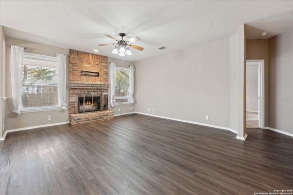 Empty room, Fireplace, Interior, Stone Walls, Wood Texture Flooring