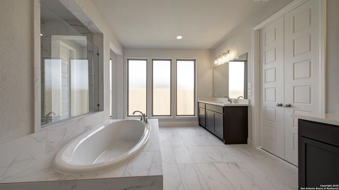 Bathroom, Dual Sink Vanities, Interior, Marble, Recessed Lighting