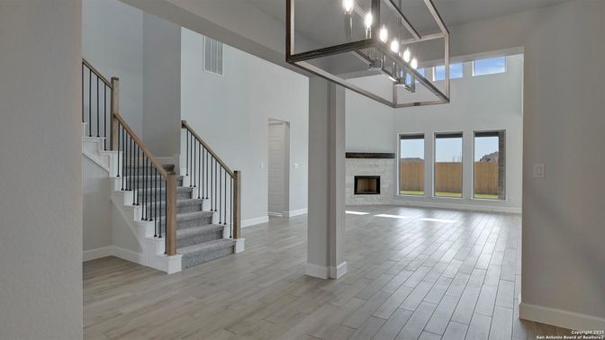 Fireplace, Interior, Pendant Lights, Wood Texture Flooring
