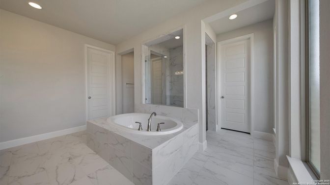 Bathroom, Glass Shower, Interior, Marble, Marble Walls, Recessed Lighting