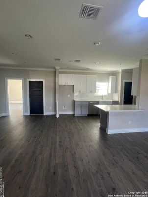 Empty room, Interior, Kitchen, Pendant Lights, Recessed Lighting, Wood Texture Flooring