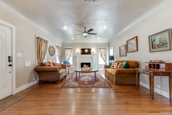 Fireplace, Interior, Living room, Recessed Lighting, Wood Texture Flooring