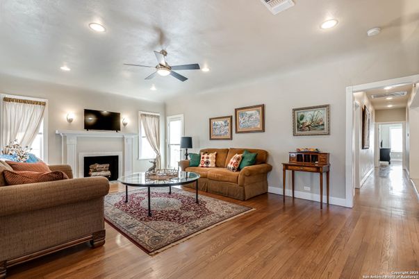 Fireplace, Interior, Living room, Recessed Lighting, Wood Texture Flooring