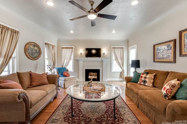 Fireplace, Interior, Living room, Recessed Lighting, Wood Texture Flooring