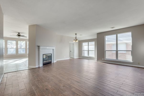 Empty room, Fireplace, Interior, Pendant Lights, Wood Texture Flooring