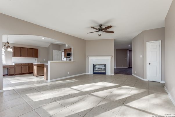 Empty room, Fireplace, Interior, Kitchen, Pendant Lights, Recessed Lighting