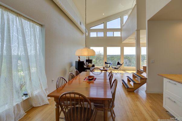 Dining room, Interior, Living room, Pendant Lights, Recessed Lighting, Wood Texture Flooring