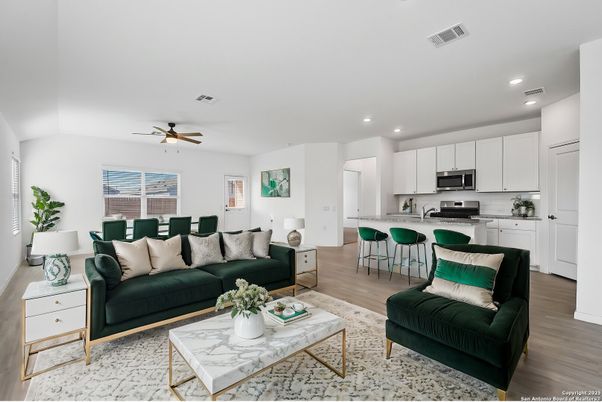 Dining room, Interior, Kitchen, Living room, Recessed Lighting, Stainless Steel Appliances, Wood Texture Flooring