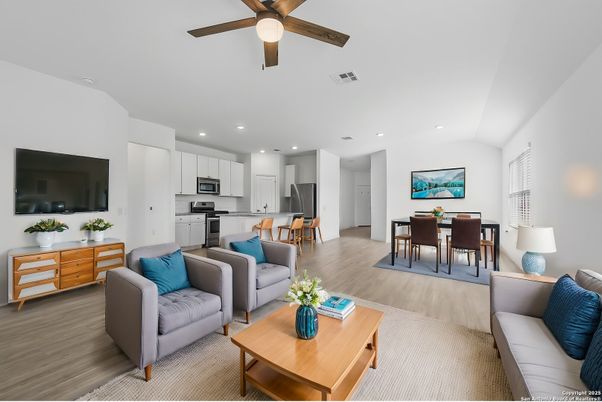 Dining room, Interior, Kitchen, Living room, Recessed Lighting, Stainless Steel Appliances, Wood Texture Flooring