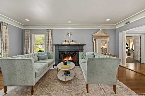 Fireplace, Interior, Living room, Recessed Lighting, Wood Texture Flooring