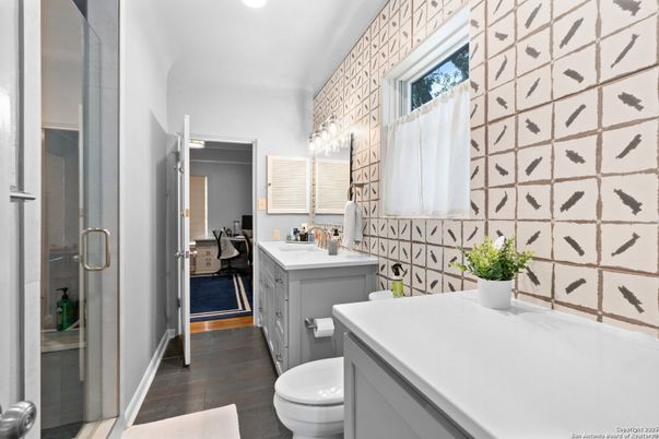 Bathroom, Glass Shower, Interior, Recessed Lighting, Wood Texture Flooring
