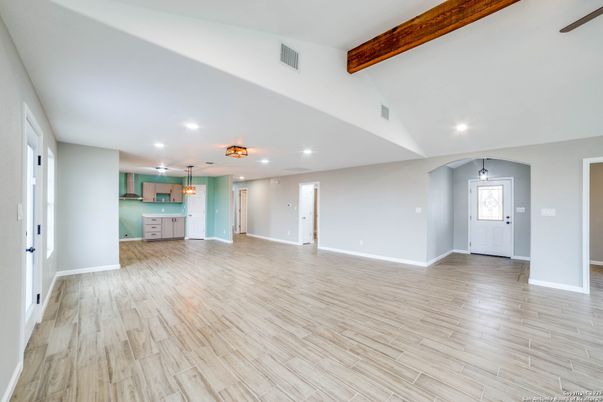 Empty room, Interior, Kitchen, Pendant Lights, Recessed Lighting, Wood Texture Flooring