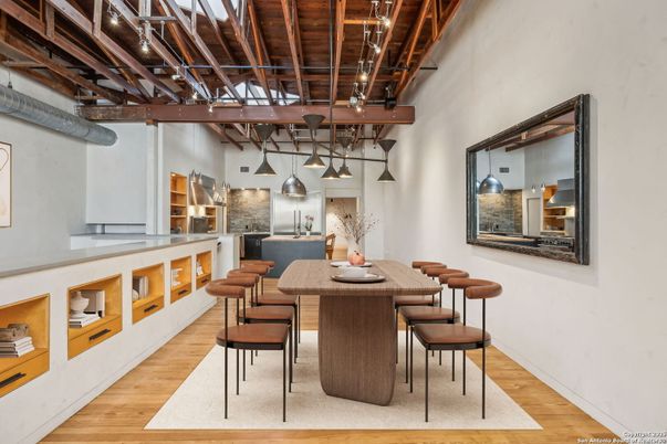 Dining room, Interior, Pendant Lights, Wooden Beams, Wooden Ceilings, Wood Texture Flooring