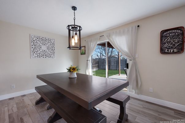 Dining room, Interior, Pendant Lights, Wood Texture Flooring
