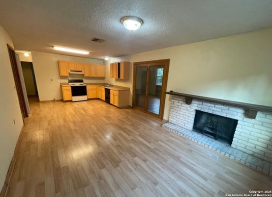 Fireplace, Interior, Kitchen, Stainless Steel Appliances, Stone Walls, Wood Texture Flooring