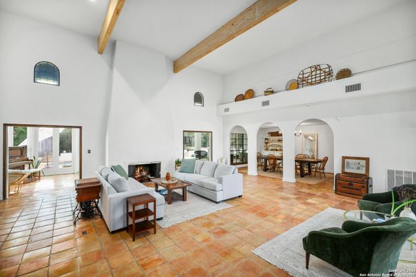 Dining room, Fireplace, Interior, Living room, Piano, Recessed Lighting, Wooden Beams