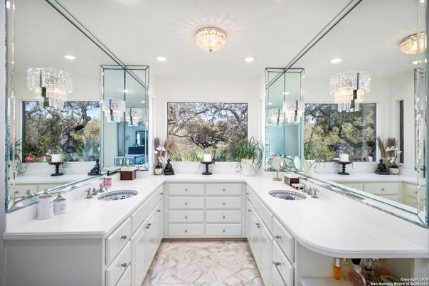 Bathroom, Chandelier, Dual Sink Vanities, Interior, Marble, Recessed Lighting