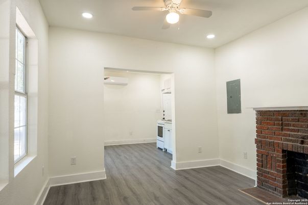 Empty room, Fireplace, Interior, Recessed Lighting, Wood Texture Flooring