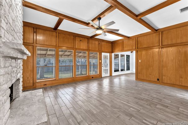Empty room, Fireplace, Interior, Wooden Beams, Wood Texture Flooring, Wooden Walls