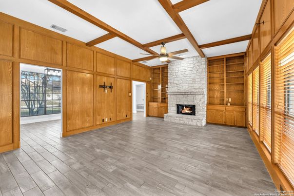 Empty room, Fireplace, Interior, Stone Walls, Wooden Beams, Wood Texture Flooring, Wooden Walls