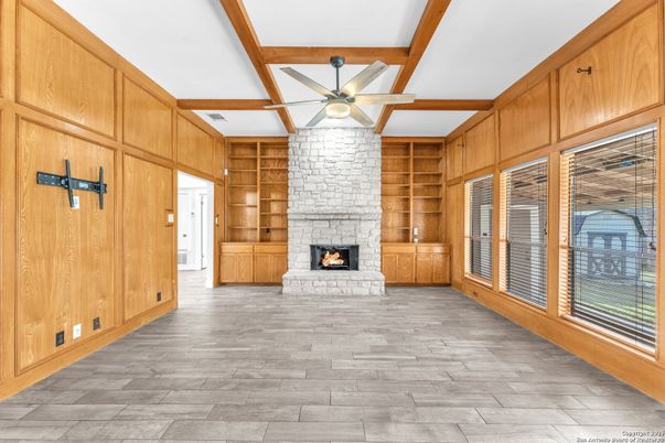 Empty room, Fireplace, Interior, Stone Walls, Wooden Beams, Wood Texture Flooring, Wooden Walls