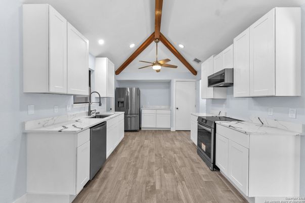 Interior, Kitchen, Recessed Lighting, Stainless Steel Appliances, Wooden Beams, Wood Texture Flooring
