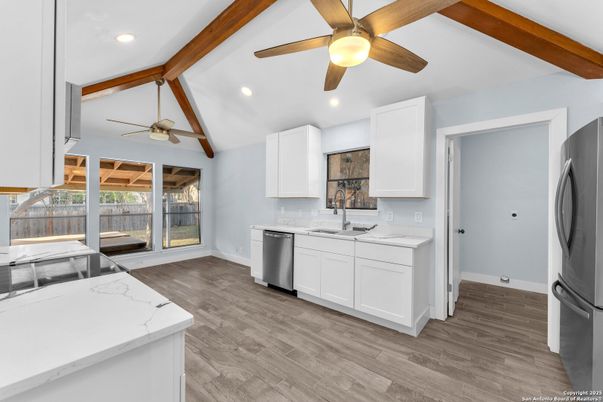 Interior, Kitchen, Recessed Lighting, Stainless Steel Appliances, Wooden Beams, Wood Texture Flooring