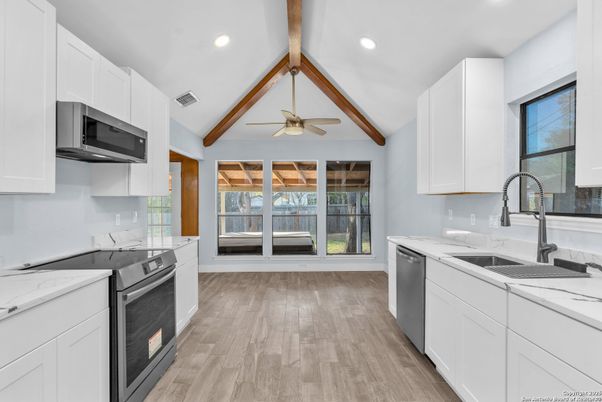 Interior, Kitchen, Recessed Lighting, Stainless Steel Appliances, Wooden Beams, Wood Texture Flooring