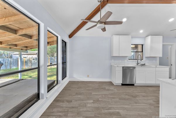 Interior, Kitchen, Recessed Lighting, Stainless Steel Appliances, Wooden Beams, Wooden Ceilings, Wood Texture Flooring