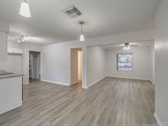 Empty room, Interior, Pendant Lights, Wood Texture Flooring