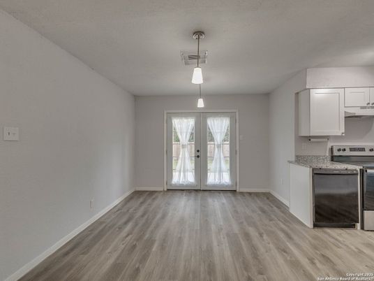 Empty room, Interior, Kitchen, Pendant Lights, Wood Texture Flooring