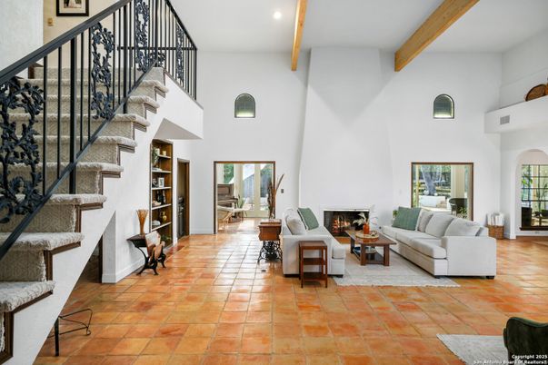 Fireplace, Interior, Living room, Recessed Lighting, Wooden Beams