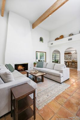 Fireplace, Interior, Living room, Recessed Lighting, Wooden Beams
