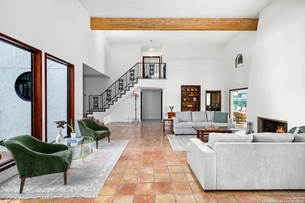 Fireplace, Interior, Living room, Recessed Lighting, Wooden Beams
