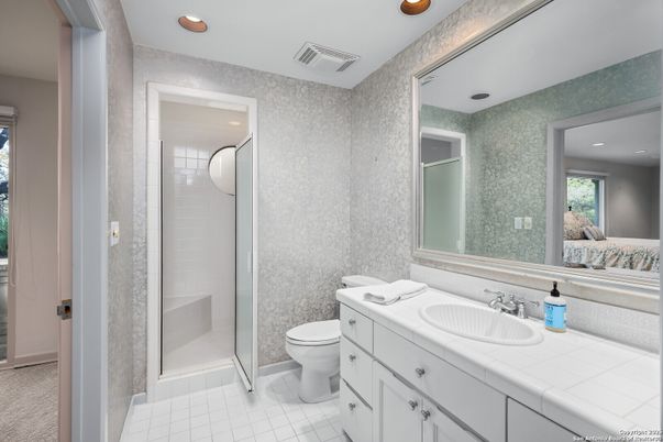 Bathroom, Glass Shower, Interior, Recessed Lighting, Tile Countertops