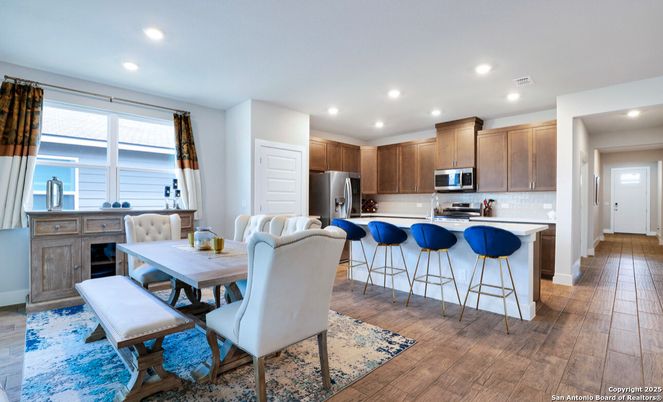 Dining room, Interior, Kitchen, Recessed Lighting, Stainless Steel Appliances, Wood Texture Flooring