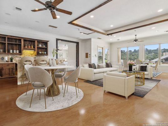 Dining room, Fireplace, Interior, Living room, Recessed Lighting, Wood Texture Flooring