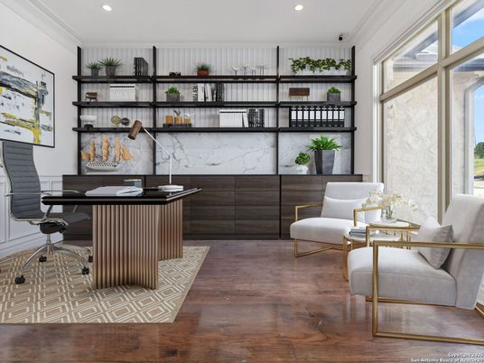 Home Office, Interior, Marble Walls, Recessed Lighting, Wood Texture Flooring