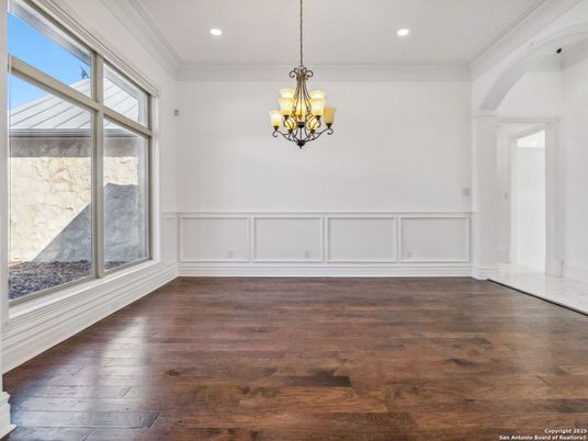 Chandelier, Empty room, Interior, Recessed Lighting, Wood Texture Flooring