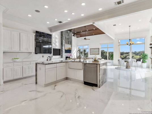 Dining room, Interior, Kitchen, Marble, Pendant Lights, Recessed Lighting, Stainless Steel Appliances, Wooden Ceilings