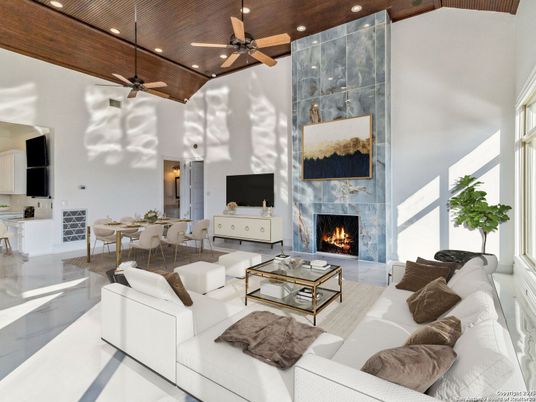 Dining room, Fireplace, Interior, Living room, Recessed Lighting, Wooden Ceilings
